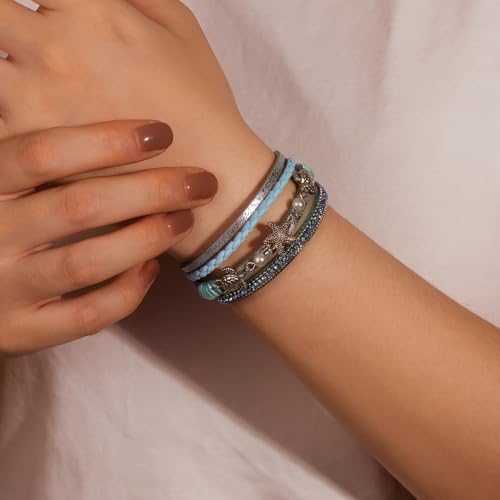 FANCY SHINY Turtle Starfish Leather Wrap Bracelet Boho Rhinestone Pearl Cuff Bracelets for Women Summer Beach Jewelry for Women - color: Blue