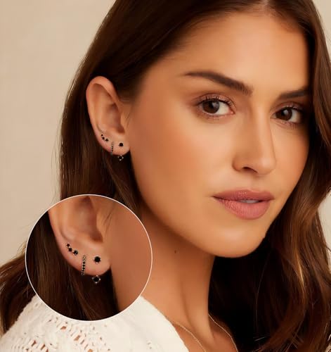 6 Pairs 14K Gold Plated Stud Earrings for Women, Hypoallergenic Cartilage Earrings for Multiple Piercing, Dainty Small Stackable Earrings Set for Jewelry Gift - color: Black-CZ-6 Pairs