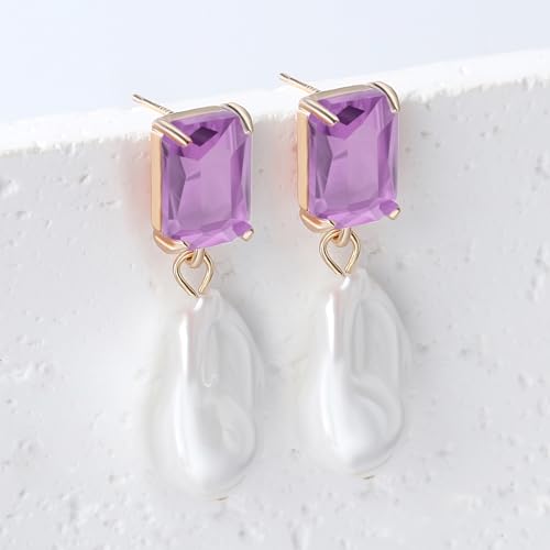 Fashion Pearl Drop Earrings for Women With Crystal - Rhinestone Statement Earrings with Pearl Dangling Studs - Large White Baroque Pearl Earrings for Bridesmaid Wedding Party Birthday Holiday - color: Purple
