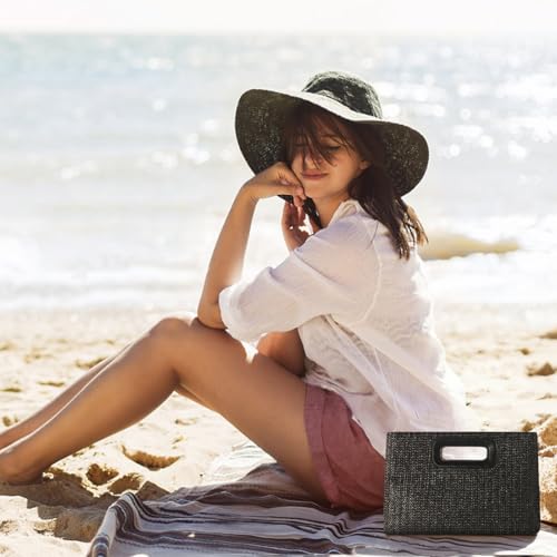 Beach Clutch Bag Straw Summer Clutch Purses for Women Handmade Woven Purse Detachable Gold Chain, Crossbody - color: Black