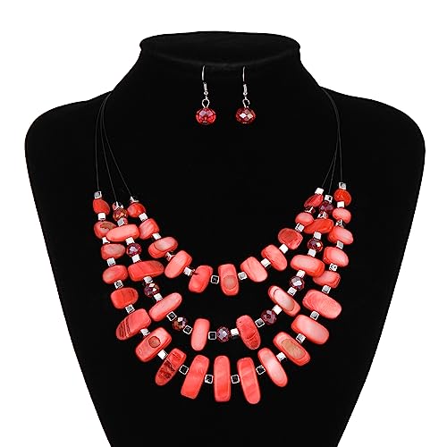 3 Layered Chunky Statement Necklace for Women Beaded Strand Necklaces with Earring Fashion Costumes Collar Necklace Jewelry Sets Gifts for Women - color: 50-Red