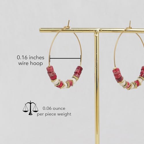 Natural Stone Beaded Hoop Earrings for Women, Boho Handmade Lightweight Hypoallergenic Trendy Summer Beach Accessories Fashion Jewelry Gift - color: red