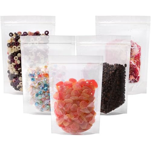 Kingrol 100 Ct 7 x 10.25 Inch Clear Stand Up Food Pouch Bags with Resealable Lock Seal Zipper, Heat Sealable Packaging Bags for Food Storage