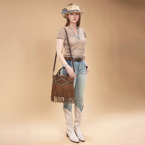 Trinity Ranch Crossbody Bags for Women Tooled Fringe Top Handle Handbags Vintage Western Purse - color: Brown