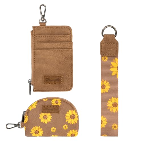 Wrangler KeyChain Wristlet Wallets for Women Sunflower Floral Dual Pouch Wristlet Western Credit Card Holder Wallet with Zipper Pocket - color: Sunflower Khaki