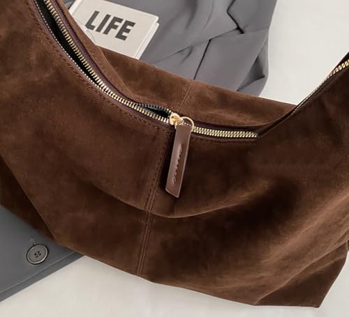Women’s Trendy Suede Tote Bag Shoulder Bags For Women Fall Underarm Bag Winter Hobo Bag Work Purses Suede Travel Handbag - color: Brown