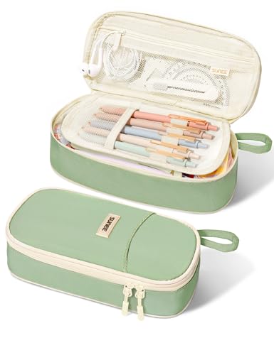 SUNEE Cute Pencil Case, Large Pencil Pouch, Aesthetic Big Pencil Bag with Zipper, Kawaii Stationery Storage and Organizer, School Supplies for Boys and Girls Teen, Heavy Duty Oxford Canvas, Sage Green - color: Sage Green
