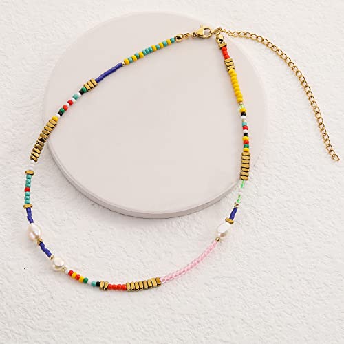 Wellike Freshwater Pearl Beaded Necklace for Women Handmade Boho Colorful Glass Beads Choker Necklace Stainless Steel 18K Gold Plated Bohemian Women Summer Jewelry Gifts - color: KKWX0521AMZ