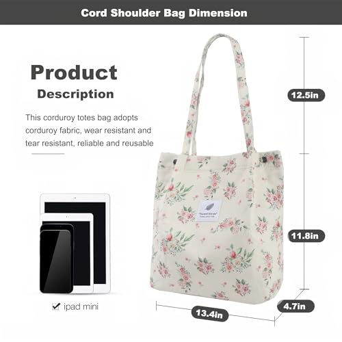 Corduroy Tote Bag for Women Small Canvas Shoulder Purse Cord Handy Bag with Inner Pocket | with Front Pocket - color: 03 Floral-2