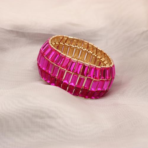 Women’s Wedding Bridal Crystal Leaf Flower Stretch Bangle Elastic Wide Bracelet Jewelry for Brides Bridesmaid - color: Style1-Rose Red-Gold Plated