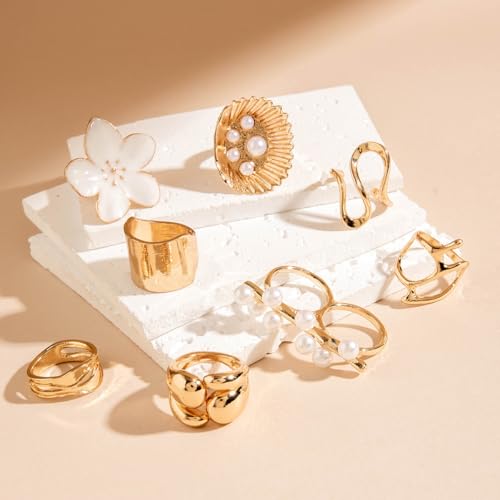 Chunky Gold Stackable Rings Set for Women Pearl Flower Rings Sets Dainty Carved Signet Joint Finger Midi Rings Pack Adjustable Chunky Knuckle Ring Statement Stacking Ring Pack - color: B-Gold-8Pcs