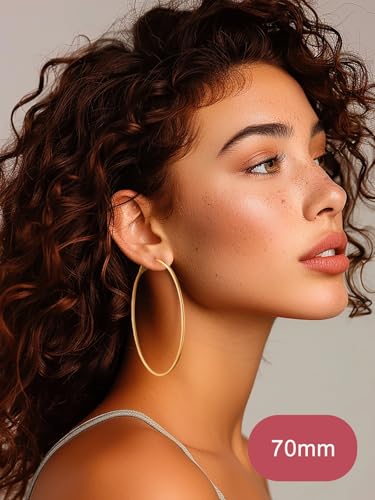 FOCALOOK 14K Gold Plated Lightweight Large Hoops| 2mm Thin Hoop Earrings for Women 30/40/50/70/100mm - color: 01.Gold, size: 70mm