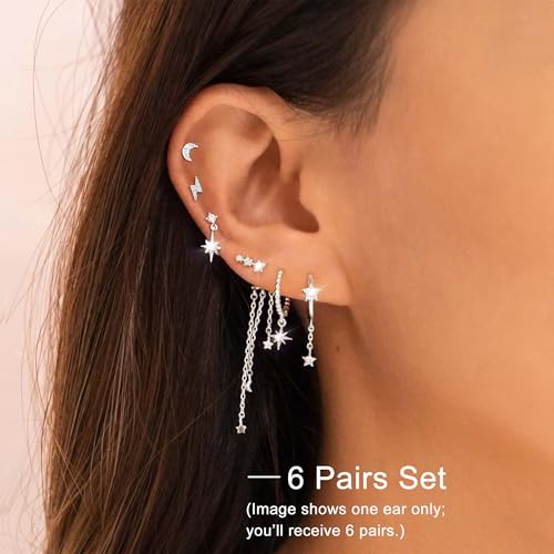 6 Pcs/6 Pairs Hypoallergenic 925 Sterling Silver Stud Post 14K Gold Earrings for Women Moon Star Hoop Stackable Cubic Zirconia Chain Dangle Earring Set Stacks for Multiple Piercings - color: Silver Star Chains