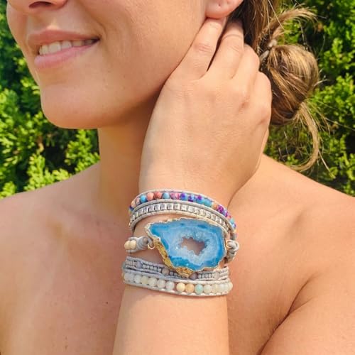 YGLINE Boho Handmade Wrap Leather Tube Crystal Stone Bracelet for Women - color: Blue Druzy
