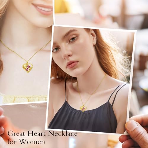 Mothers Day Gifts 14K Yellow Gold Mother Daughter Heart Pendant Necklace with 12 Months Birthstone Birthday Gifts for Mom Anniversarry Jewelry for Mom Wife Girlfriend - color: 01-01-Jan-Jan Birthstone