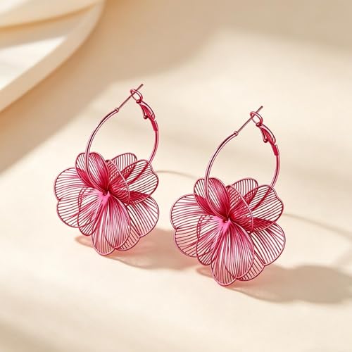 Gold Flower Statement Earrings for Women Boho Trendy Hoop Earrings Floral Dangle Petal Earring Prom Wedding Jewelry Gifts - color: A5:hot pink