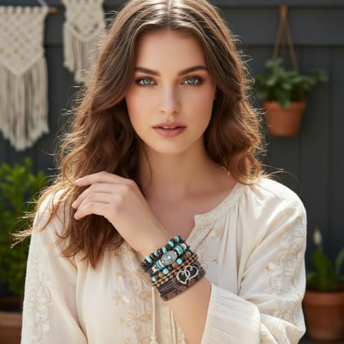 Turquoise Leather Western Bracelets for Women Men Bohemian Retro Turquoise Wrap Bracelets Exquisite Layered Stacked Cowboy Cowgirl Bracelet Western Country Concert Outfits Leather Cuff Bracelet for Women - style: Heart
