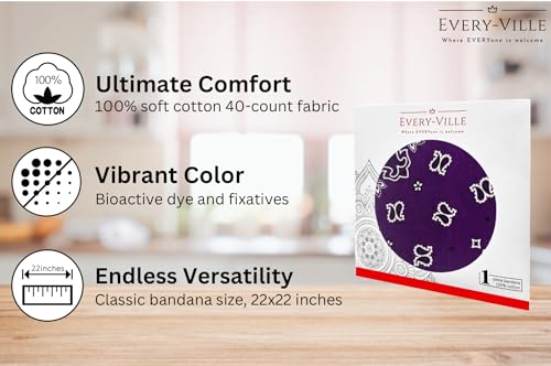 Gift Packaging Bandana for Men Women - 100% Cotton, Paisley, 22x22 In, 1 Pack - Large Bandanna Handkerchief Cowboy Hanky - color: Purple