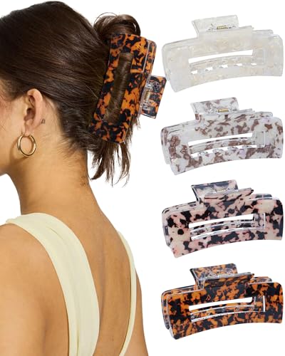 4Pcs Large Acrylic Hair Claw Clips, Nonslip Cute Hair Clips for Thick Hair and Long Hair, Rectangle Marble Claw Clips Hair Accessories for Women and Girls - color: White + Tie-dye