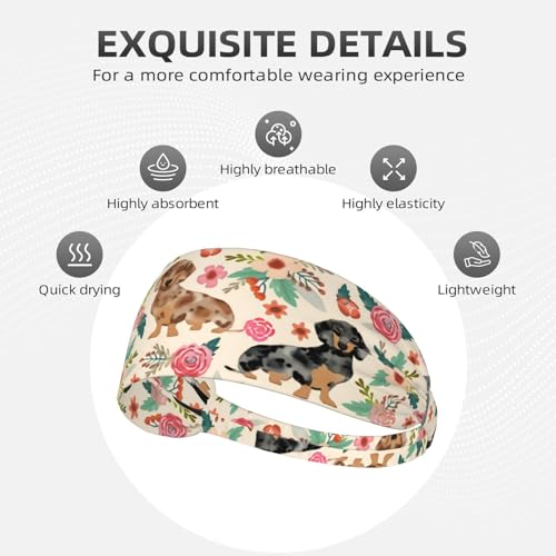 Black and Gold Swirl Liquid Ink Marble Workout Headbands Fashion Sports Sweatbands Yoga Hairbands for Fitness Athletic Non Slip Wicking Headscarf for Men Womens Girls Summer Accessories Elastic Bands - color: Dachshund Sausage Dogs Pink Flowers Print