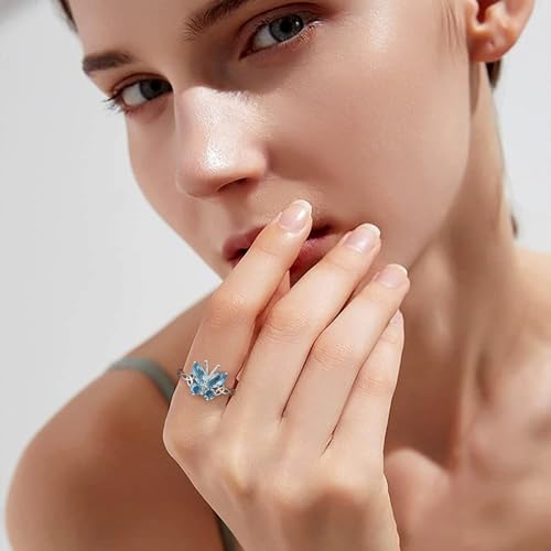 Bestyle 925 Sterling Silver Butterfly Ring Hypoallergnic Adjustable Birthstone Rings for Women Butterfly Jewelry Gifts for Anniversary Mothers' Day Birthday - color: 03.March(Aquamarine)-Ring