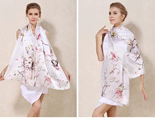ANDANTINO 100% Silk Long Scarf-Women Large Oblong Shawls with Gift Packed - color: Beige-flower&birds