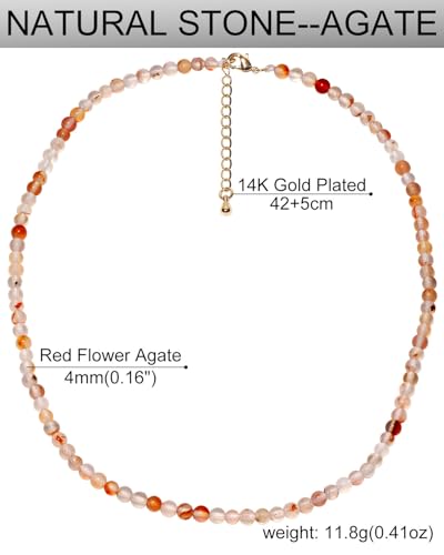Simple Choker Necklace for Women Real Stone and Crystals Necklaces 4mm Beaded Choker Jewelry Meditation Gift for Women (16"+2") - style: Red Flower Agate