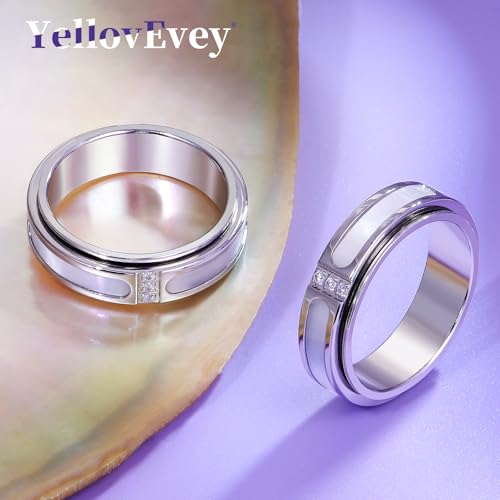 Fidget Spinner Ring for Women:18K Gold Plated Stainless Steel with Mother of Pearl Shell & Cubic Zirconia, Anxiety Relief Spinning Jewelry Gift for Birthday Wedding Engagement Anniversary - color: CZ Shell Spinner Ring_Silver, size: Size 7