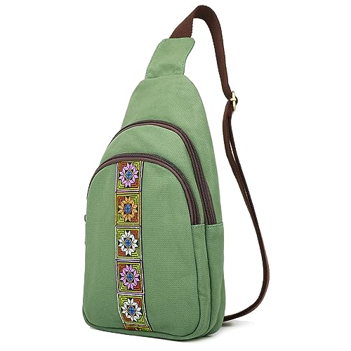 SILKAREA Canvas Sling Bag for Wome Crossbody Purse Small Sling Backpack Purse Travel Hiking Chest Bag Daypack - color: Dark Green