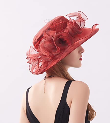 Women's Kentucky Derby Church Dress Hat Wide Brim Leaf Flower Bridal Shower Hat - color: A10 Winered