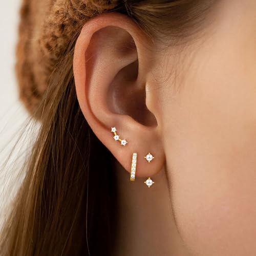 3 Pairs Dainty Small 4th of July Earrings for Women Trendy, Birthstone Stud Huggie Hoop Jacket Stack for Cartilage Helix, Gold Plated Hypoallergenic Cute Women Fashion Accessories Western Jewelry Gifts - color: Created Pearl-Gold