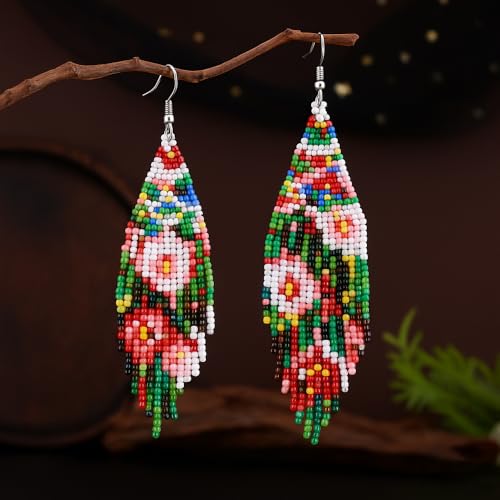 Flower Black Beaded Long Tassel Western Native American Earrings For Women Dangling - color: green