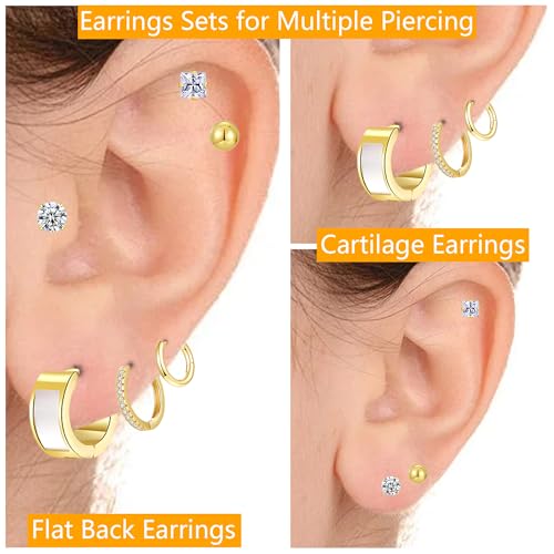 Silver Gold Plated Surgical Steel Flat Back Earrings for Women Hypoallergenic 14K Gold Plated Stud Huggie Earring Set Fashion Shell Cubic Zirconia Flatback Studs Cartilage Earrings Pack for Multiple Piercing 5/8Pairs - color: 6 Pairs Gold Plated Shell Hoo