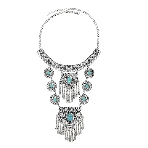 Bethynas Bohemian Ethnic Tribal Chunky Necklace Multilayer Long Tassel Turquoise Statement Neck Chain Retro Coin Gemstone Exaggerated Costume Accessories for Women - color: C-Blue