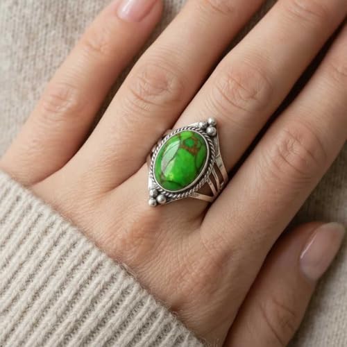 Handmade 925 Sterling Silver Plated Ring Natural Gemstone Carnelian, Rose Quartz, Tiger Eye, Crystal Oval Boho Jewelry For Women - color: Copper Green Turquoise