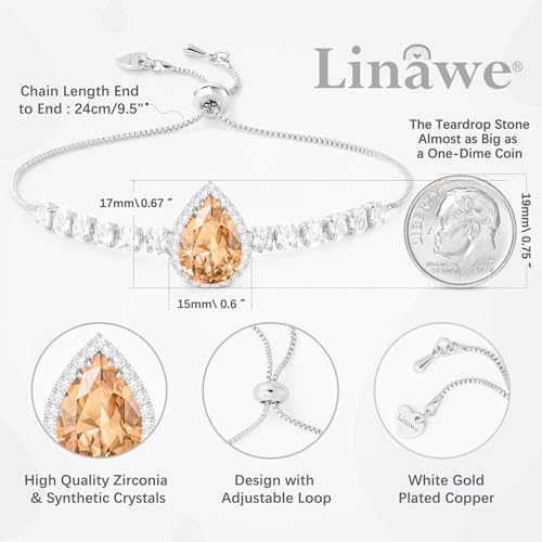 Linawe Crystal Imitation Diamond Rhinestone Charm Bracelets for Women, Gold/Silver/Rose Gold Adjustable Chain Bracelet, Teardrop Birthstone Cubic Zirconia Prom Costume Wedding Jewelry - color: Silver,Champagne