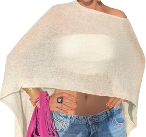 Off The Shoulder Sheer Crochet Vacation Outfits Poncho Sweater Top Summer Beach Cover Up - color: Beige, size: 3X-Small