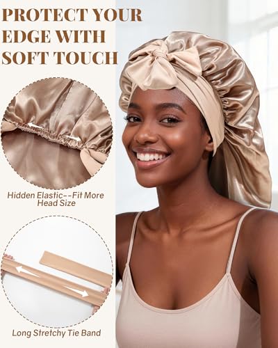 AWAYTR Long Satin Bonnet for Braids - Elastic Silk Hair Bonnets for Sleeping Night Cap Stretchy Tie Band for Women（Champagne） - color: Champagne