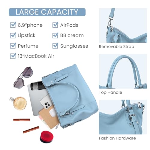 HESHE Genuine Leather Purses and Handbags for Women Tote Shoulder Bag Satchel Purse Top Handle Bags Hobo Crossbody Purse - color: Light Blue, size: Large