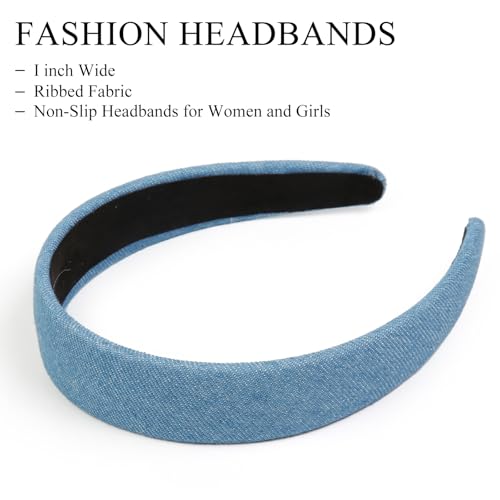 Huachi Headbands for Women Non Slip Trendy Denim Headbands for Women’s Hair 1 inch Wide Cute Headband for Girls, Vintage Head Bands Elastic Hair Bands Fashion Accessories for Women 4PCS - color: Denim Headband Set