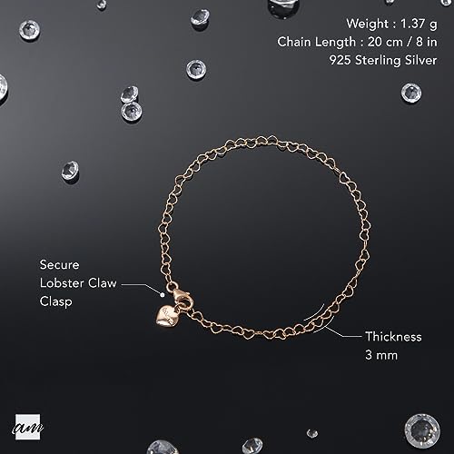Amberta Women's 925 Sterling Silver Heart Bracelet - color: Rose Plated