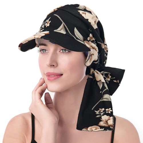 XYIYI Chemo Headwear for Womens Cancer Patients, Head Scarf Chemotherapy Headwraps Hat - color: Black Beige Flowers