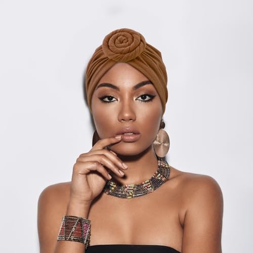 DRESHOW 5 Pack Knotted Headwraps for Women African Turban Pre-Knotted Beanie Headwraps Hair Covers - color: 5 Pack Donuts: Dark Grey, Khaki, Dark Khaki, Navy Blue, Black