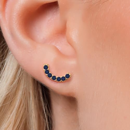 Gem Stone King 18K Yellow Gold Plated Silver Round 2MM Gemstone Stud Ear Crawler Earrings for Women - color: Blue Sapphire-September