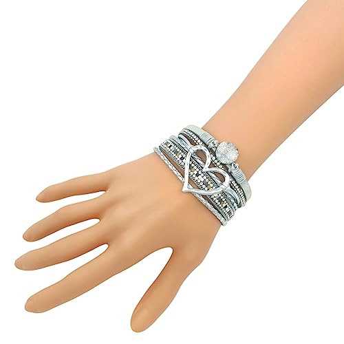 Womens Multi Layer Heart Leather Wrap Bracelet Boho Stackable Cuff Bangle Magnetic Clasp Crystal Birthday Valentine Gift - color: Silver