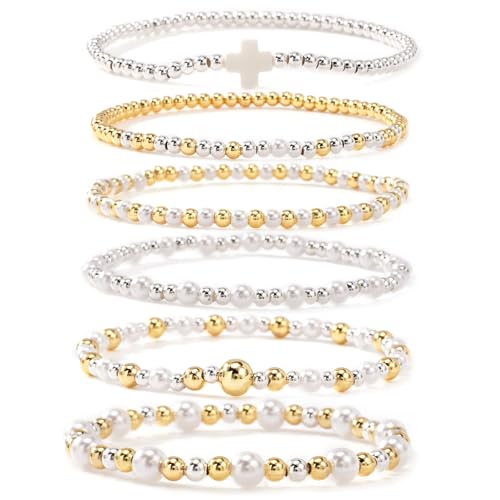 Silver Gold Beaded Bracelets for Women Stackable 14K Gold Plated Beads Ball Cross Bracelet Stack Non Tarnish Elastic Stretch Trendy Jewelry Christian Friendship Christmas Gifts for Women - color: 6pcs-Pearl