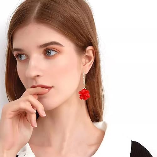 Boho Flower Dangle Earrings for Women Long Drop Resin Acrylic Tiered Petal Statement Earrings Handmade Lightweight Vintage Floral Chunky Drop Jewelry - color: Red