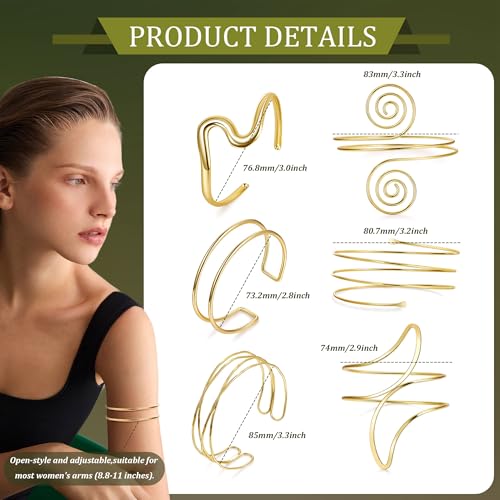 6PCS Gold Arm Cuff for Women Upper Arm Cuff Bracelets Adjustable Open Cuff Bangle Bracelet Minimalist Coil Swirl Upper Arm Bands Armband Set - style: Style A