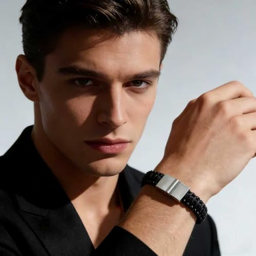 Men's Leather Bracelet, Stackable Stainless Steel Clasp Bracelets for Men Stylish Birthday, Thanksgiving, Valentine's Day Gift for My Man - style: 8.2" Black Beads