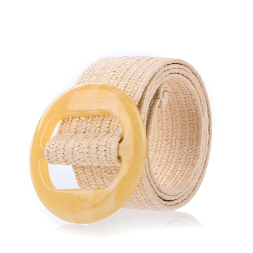 beltox fine Women PP Straw Braided Elastic Belt Solid Color with Round Buckle - color: Khaki, size: XS-XL(28-40 inch stretch range)